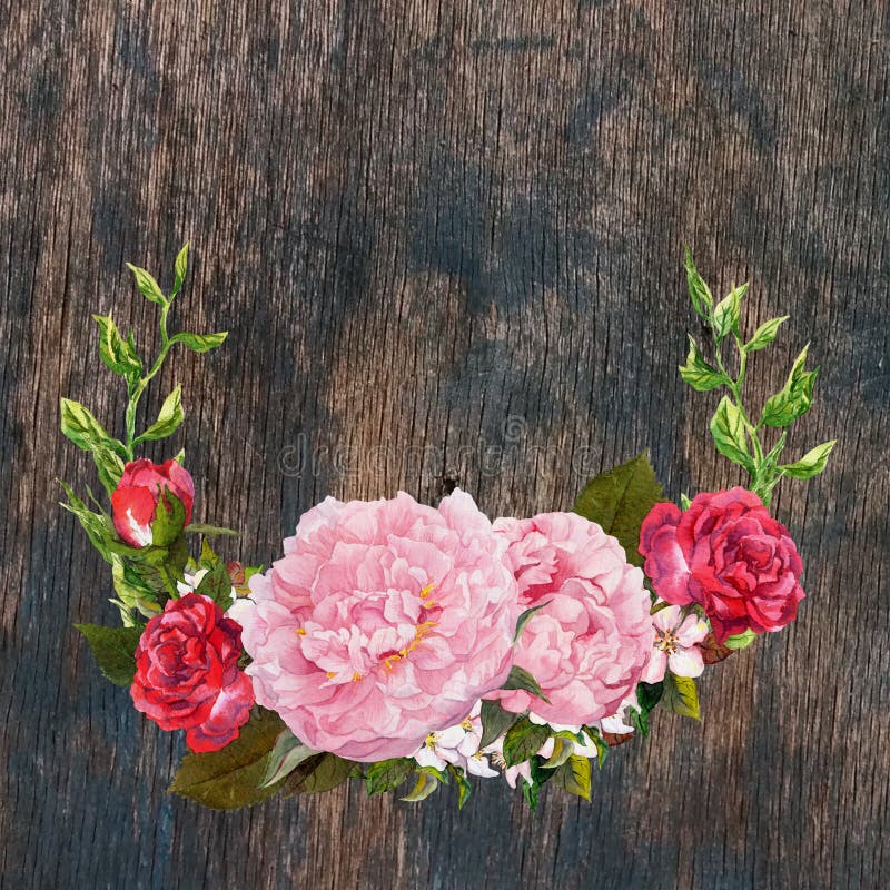 Bloemenkroon met roze pioen, rode rozenbloemen bij houten textuur watercolor royalty-vrije stock fotografie Bloemenkroon met roze pioen, rode rozenbloemen bij houten textuur watercolor royalty-vrije stock fotografie