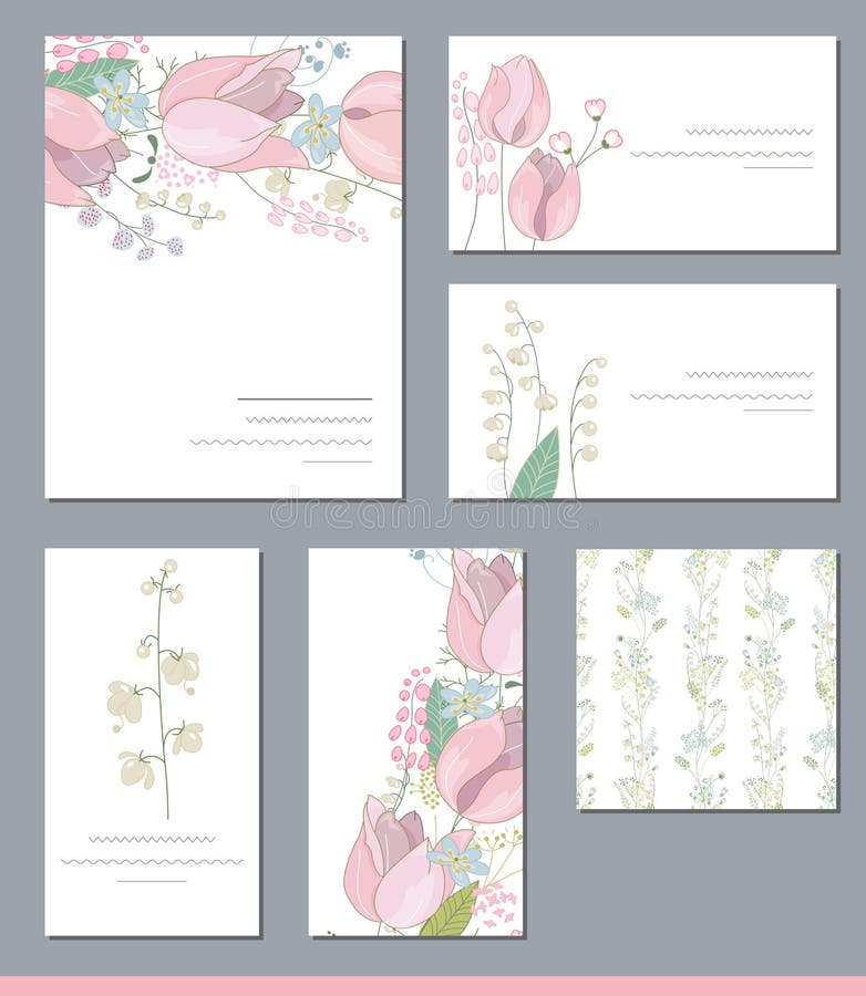 Bloemenmalplaatjes met leuke bossen van roze tulpen en wilde bloemen stock illustratie Bloemenmalplaatjes met leuke bossen van roze tulpen en wilde bloemen stock illustratie