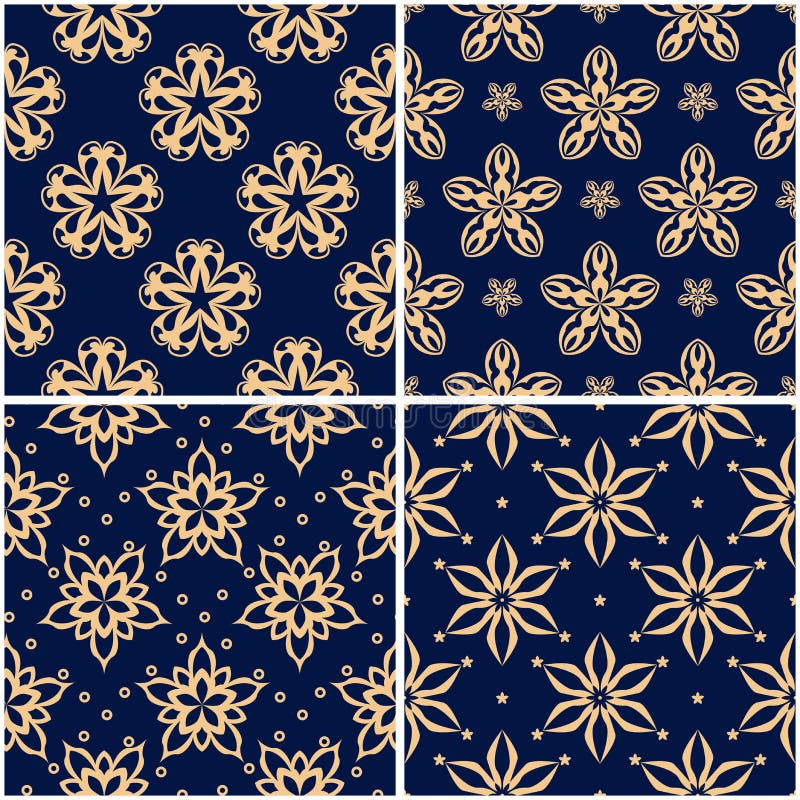 Bloemenpatronen Reeks gouden blauwe naadloze achtergronden stock illustratie Bloemenpatronen Reeks gouden blauwe naadloze achtergronden stock illustratie