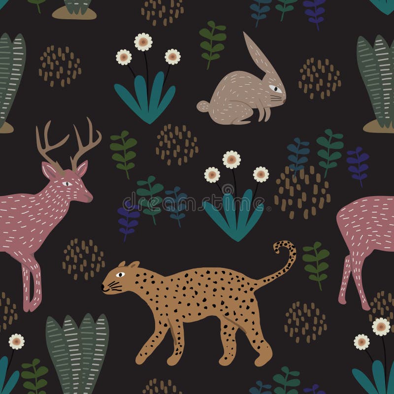 Bloemenpatroon met luipaard, konijn, en herten Naadloze leuke kinderachtige tekening De jonge geitjes en de kinderen overhandigen vector illustratie Bloemenpatroon met luipaard, konijn, en herten Naadloze leuke kinderachtige tekening De jonge geitjes en de kinderen overhandigen vector illustratie