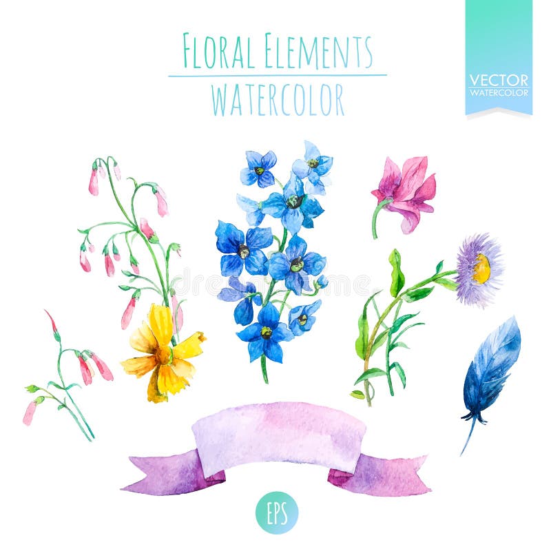 Bloemenreeks met Waterverfbloemen voor de Zomer of de Lentekaarten, Uitnodigingen, Vliegers, Banners of Affichesontwerp Vector stock illustratie Bloemenreeks met Waterverfbloemen voor de Zomer of de Lentekaarten, Uitnodigingen, Vliegers, Banners of Affichesontwerp Vector stock illustratie