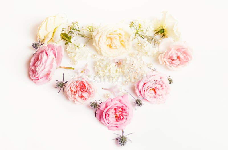 Bloemensamenstelling Kader van Engelse roze bloemen in de vorm van een hart op witte achtergrond wordt gemaakt die Vlak leg, hoog royalty-vrije stock foto Bloemensamenstelling Kader van Engelse roze bloemen in de vorm van een hart op witte achtergrond wordt gemaakt die Vlak leg, hoog royalty-vrije stock foto