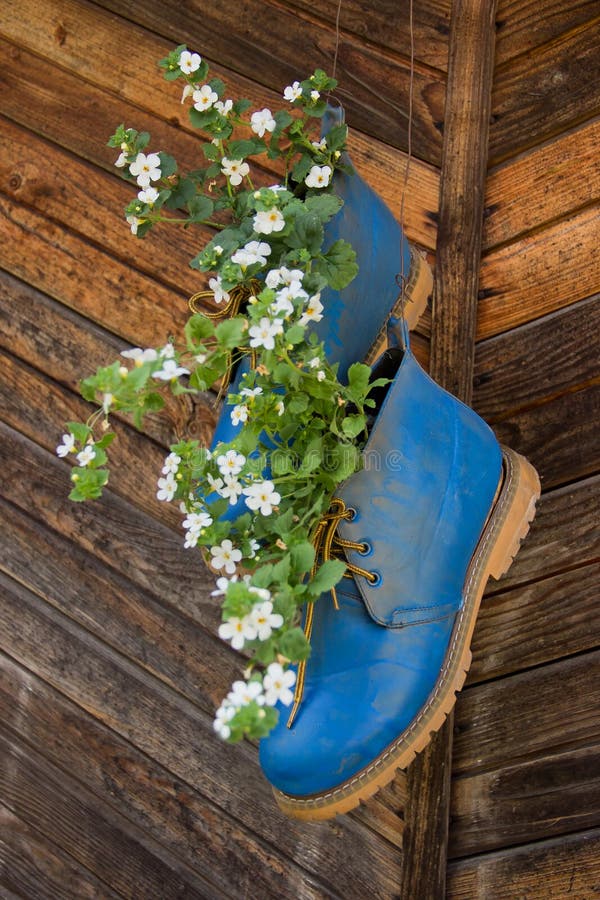 Bloempotten Van Blauwe Schoenen Worden Gemaakt Die Stock Afbeelding ...