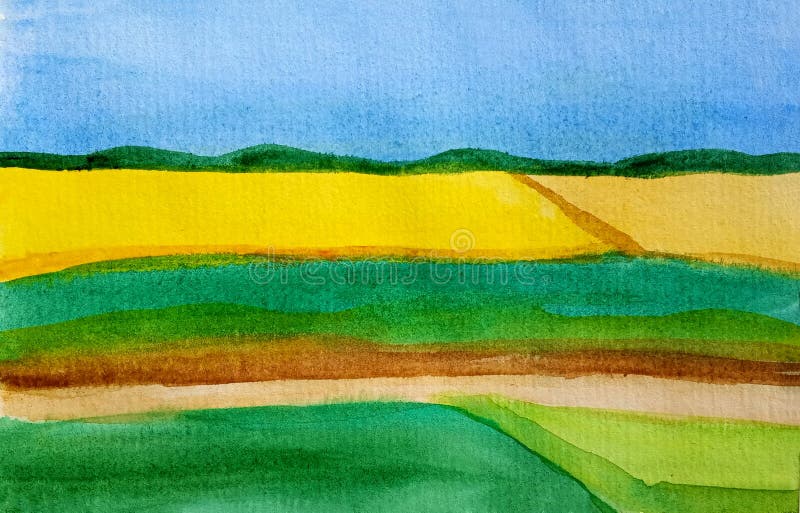Bloesemgebieden en weiden van zonnebloem, tarwe of canola met zonnige hemel Abstracte waterverfachtergrond van gele stroken van b royalty-vrije illustratie Bloesemgebieden en weiden van zonnebloem, tarwe of canola met zonnige hemel Abstracte waterverfachtergrond van gele stroken van b royalty-vrije illustratie