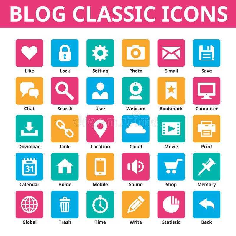 Blog classic icons. Vector icons set. Minimal icons in flat color. Social media vector icons set. vector illustration Blog classic icons. Vector icons set. Minimal icons in flat color. Social media vector icons set. vector illustration