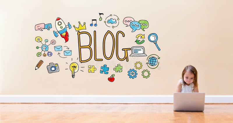 Blog text with little girl using a laptop computer stock images