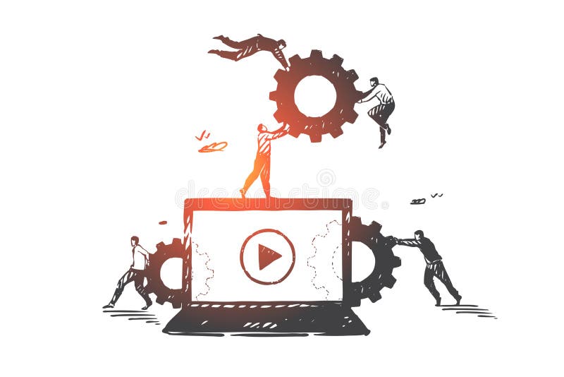 Bloggen, vlog, smm, Teamwork, coworking, Partnerschaftskonzeptskizze Hand gezeichnete lokalisierte Vektorillustration lizenzfreie abbildung