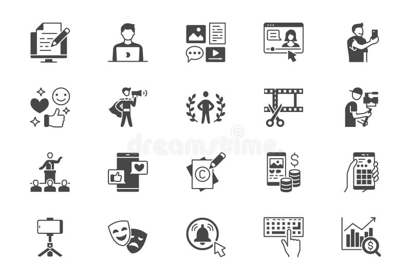 Blogger flat glyph icons. Vector illustration included icon as blog monetization, video editing, personal brand vector illustration