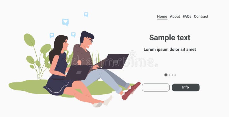 Bloggers couple using laptop online communication social media network concept full length horizontal copy space stock illustration