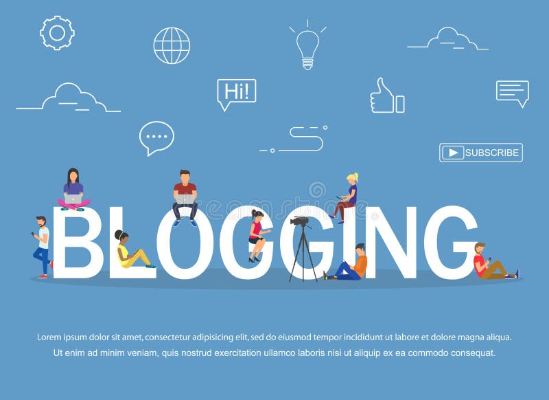 Blogging концепция молодые люди используя компьтер-книжки и таблетки для читать блоги и вебсайты иллюстрация вектора