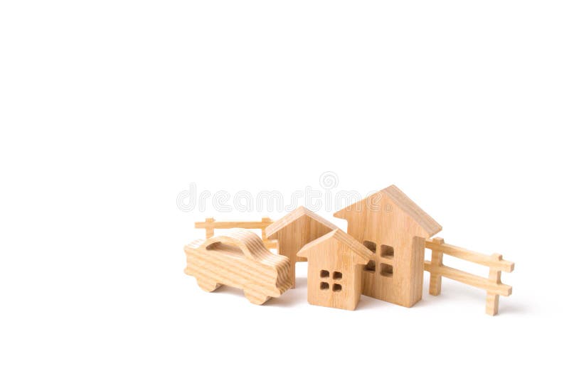 Blokhuizen en auto op een witte achtergrond Het concept bezit, gebouwen Aankoop en verkoop van onroerende goederen, investering stock foto Blokhuizen en auto op een witte achtergrond Het concept bezit, gebouwen Aankoop en verkoop van onroerende goederen, investering stock foto