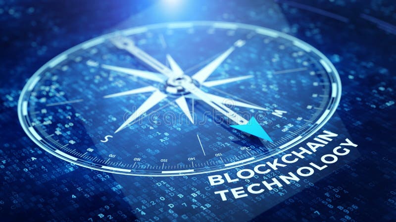 Blokketen netwerkconcept - Kompasnaald die Blockchain-technologiewoord richten royalty-vrije illustratie Blokketen netwerkconcept - Kompasnaald die Blockchain-technologiewoord richten royalty-vrije illustratie