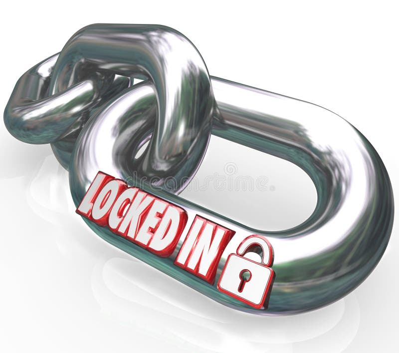 Locked In words on metal chain links to illustrate a commitment or contractual obligation you have with another person or company. Locked In words on metal chain links to illustrate a commitment or contractual obligation you have with another person or company