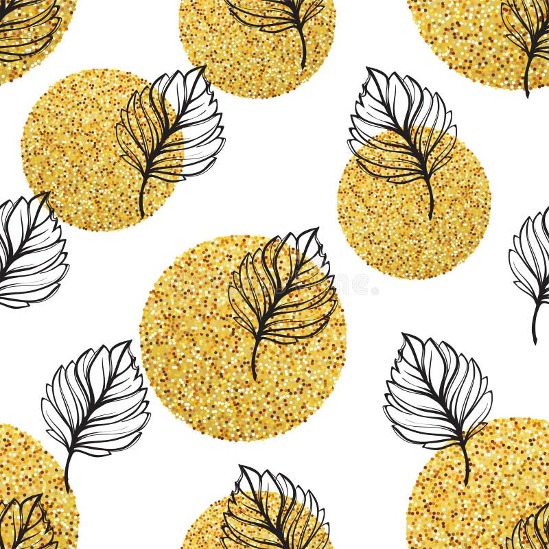 Blom- bakgrund för guld- höst Glitter texturerade den sömlösa modellen med det guld- och svarta bladet för nedgången också vektor royaltyfri illustrationer