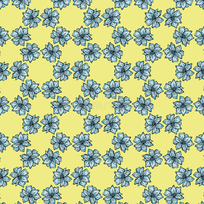 Blom- bakgrund med ljus - blåa blommor av liljan på gul bakgrund stock illustrationer Blom- bakgrund med ljus - blåa blommor av liljan på gul bakgrund stock illustrationer