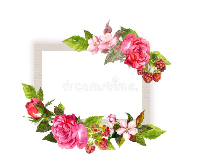 Blom- kort för tappning för att gifta sig Blommor rosor, bär Vattenfärgram stock illustrationer Blom- kort för tappning för att gifta sig Blommor rosor, bär Vattenfärgram stock illustrationer