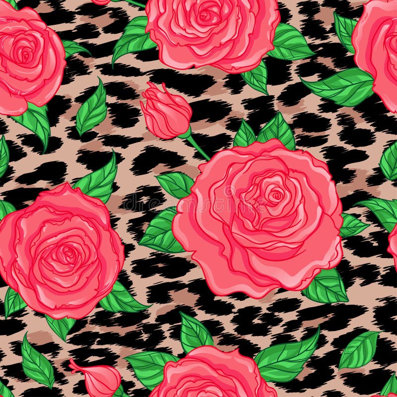 Blom- modell för sömlös elegant tappning över leopardhudbackgr vektor illustrationer