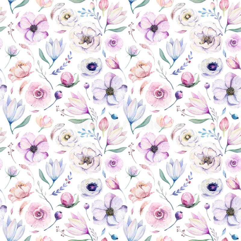 Blom- modell för sömlös vattenfärg för vår lilic på en vit bakgrund Rosa färger och steg blommor, weddindgarnering royaltyfri bild
