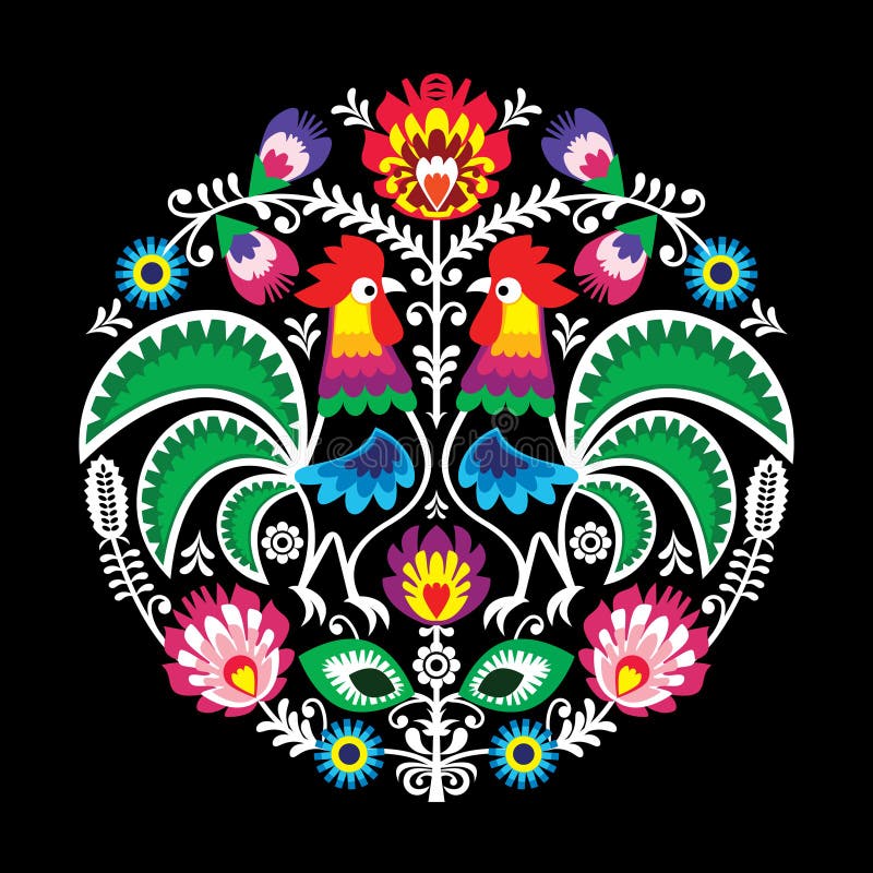 Blom- rund broderi för polsk vektorfolkkonst med tuppen royaltyfri illustrationer Blom- rund broderi för polsk vektorfolkkonst med tuppen royaltyfri illustrationer