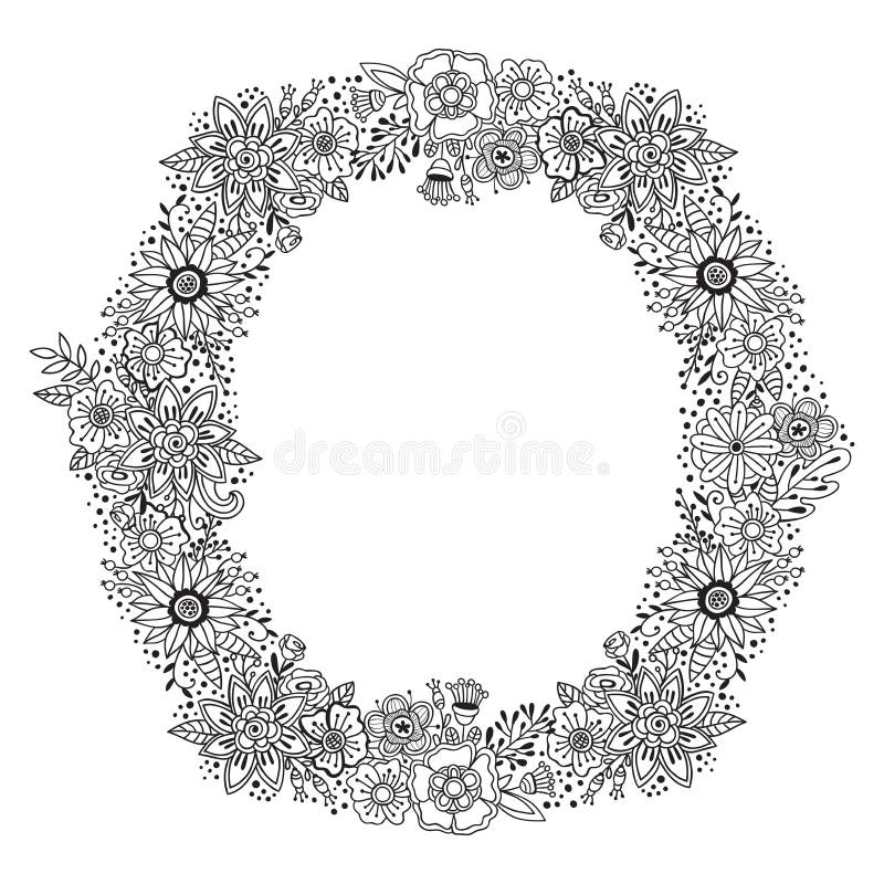 Blom- rund prydnad med den svartvita garneringkransramen Sommar eller isolerade höstblommor och örter planlägger _ vektor illustrationer Blom- rund prydnad med den svartvita garneringkransramen Sommar eller isolerade höstblommor och örter planlägger _ vektor illustrationer