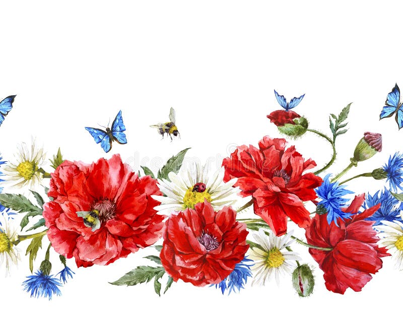 Blom- sömlös gräns för sommarvattenfärgtappning royaltyfri illustrationer
