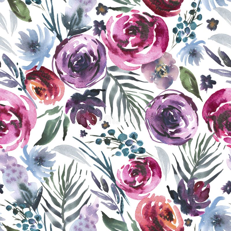 Blom- sömlös modell för abstrakt vattenfärg i en laprimastil, röda vattenfärgrosor - blommor, ris, sidor, knoppar Målad hand vektor illustrationer