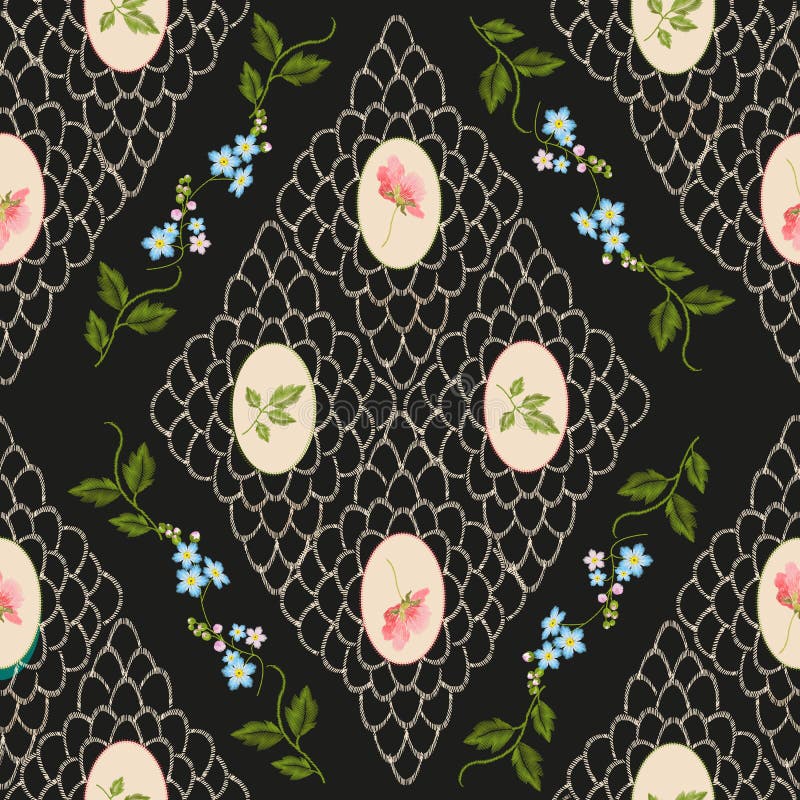 Embroidery vintage trend floral seamless pattern. Vector folk dog roses and leaves, forget me not flowers with lace ornament on black background. Embroidery vintage trend floral seamless pattern. Vector folk dog roses and leaves, forget me not flowers with lace ornament on black background.