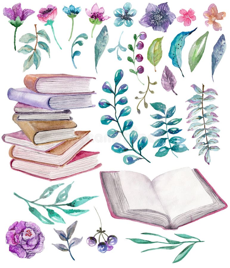 Blom- vattenfärg och naturbeståndsdelar med härliga gamla böcker vektor illustrationer Blom- vattenfärg och naturbeståndsdelar med härliga gamla böcker vektor illustrationer
