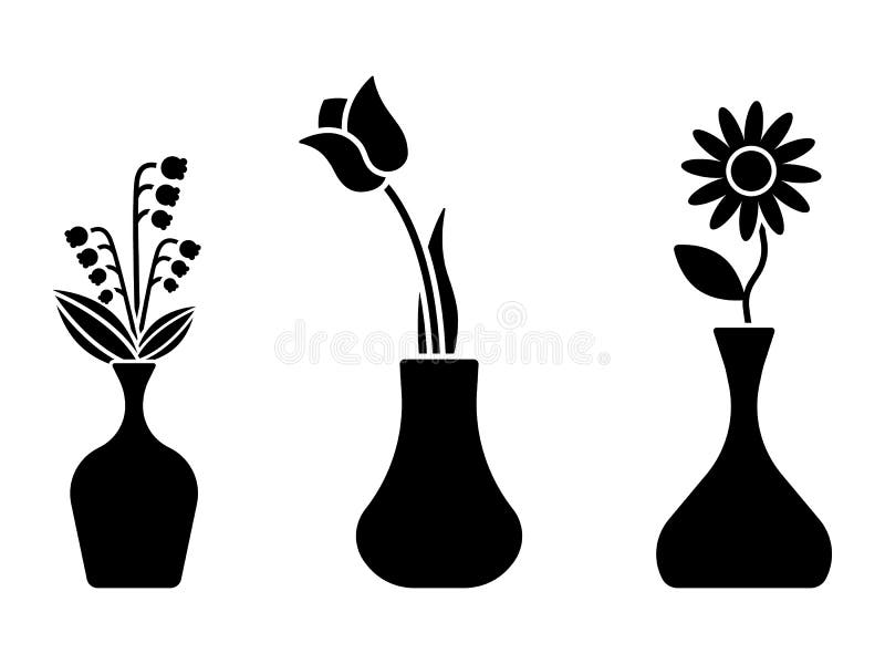 Blomikon, tecken, symbol, svartvit vektoruppsättning Grupp av blommor i vase platt stil royaltyfri illustrationer