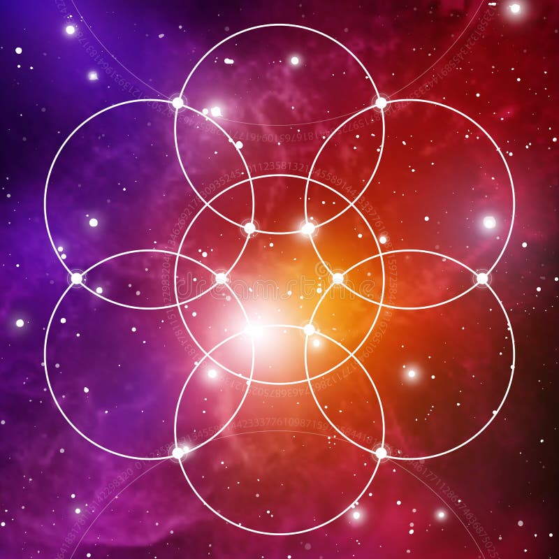 Blomma av liv - gripa in i varandra cirklar forntida symbol på yttre rymdbakgrund sakral geometri Formeln av naturen stock illustrationer Blomma av liv - gripa in i varandra cirklar forntida symbol på yttre rymdbakgrund sakral geometri Formeln av naturen stock illustrationer
