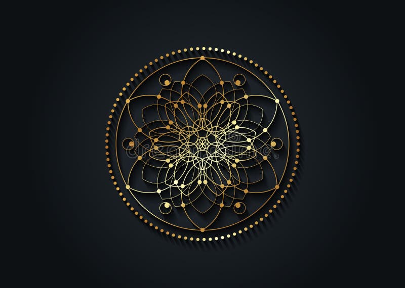 Blomma av livsguldsymbolen helig geometri. Geometrisk mystisk gyllene mandala av alkemi esoterisk frö av liv. vektorlyxlogotyp royaltyfri illustrationer