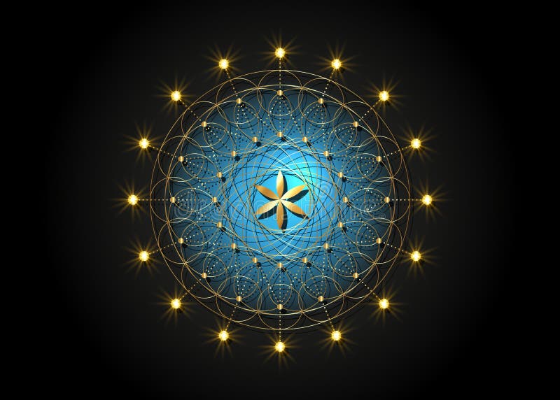 Blomma av livsguldsymbolen helig geometri. Geometrisk mystisk mandala av alkemi, esoteriska frön av livet. guldvektor prickad linj stock illustrationer