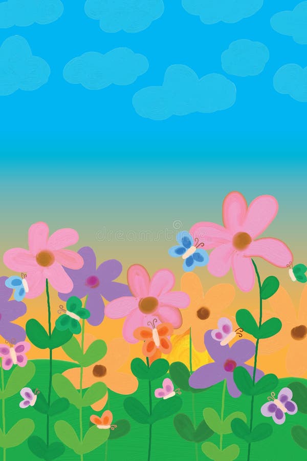 This illustration is drawing and painting flowers, butterflies in clouds and sunshine background. This illustration is drawing and painting flowers, butterflies in clouds and sunshine background.