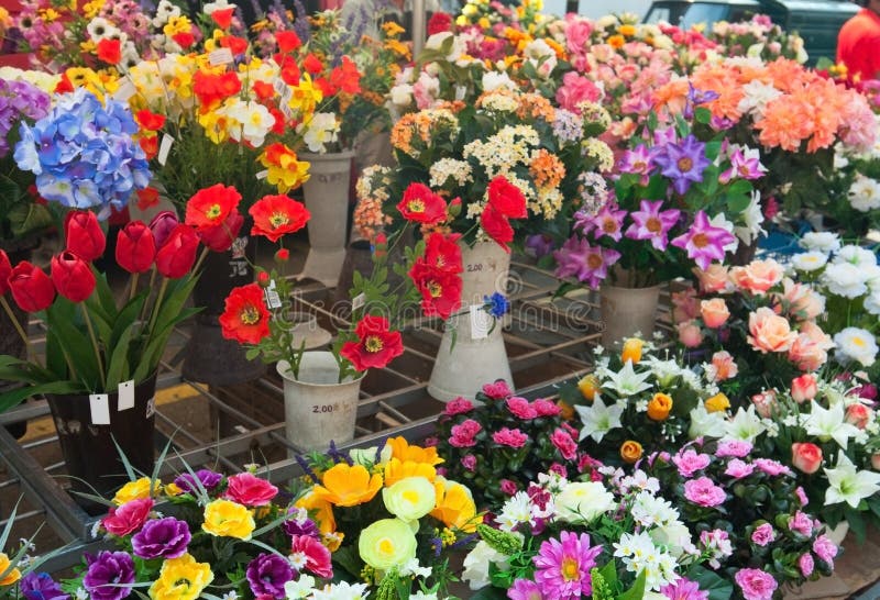 Flower Market. Spring Flowers in Boxes and Buckets Ready for Sale