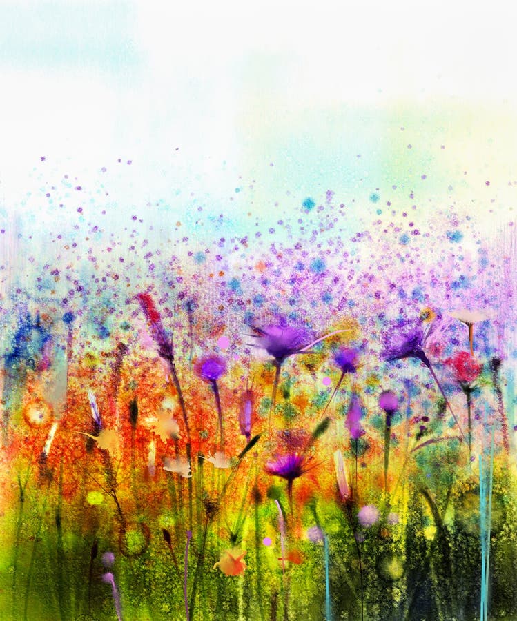 Blommar purpurfärgade kosmos för abstrakt vattenfärgmålning, blåklint, den violetta lavendel-, vit- och apelsinvildblomman vektor illustrationer Blommar purpurfärgade kosmos för abstrakt vattenfärgmålning, blåklint, den violetta lavendel-, vit- och apelsinvildblomman vektor illustrationer