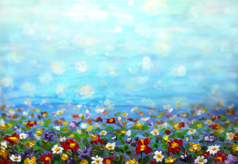 Blommar purpurfärgade kosmos för målning, den vita tusenskönan, blåklint, vildblomma Blommar ängen, gräsplanfältmålningar Hand må royaltyfri bild
