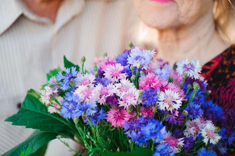 Blommor för en härlig äldre kvinna brudgum för bukettbrudfokus royaltyfria foton Blommor för en härlig äldre kvinna brudgum för bukettbrudfokus royaltyfria foton