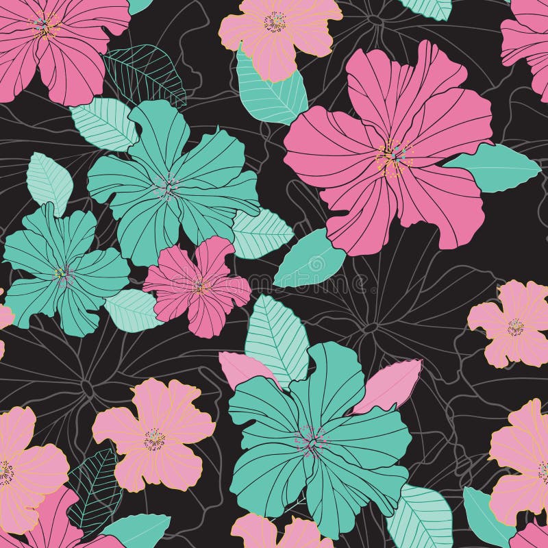 Blommor för hibiskus för sömlös vektorrepetition färgrika och bladmodell på en svart bakgrund royaltyfri illustrationer