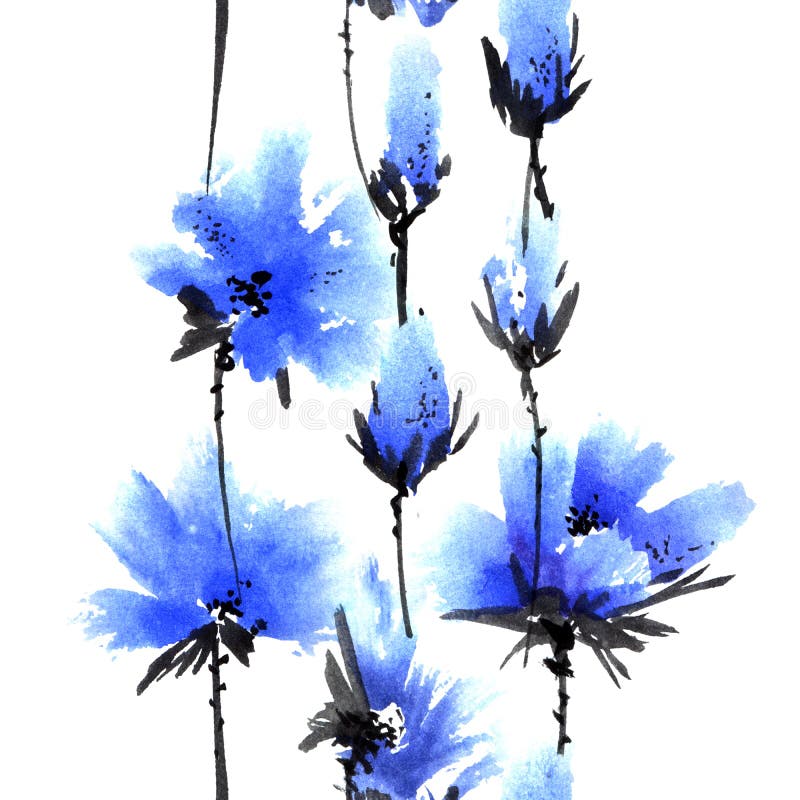 Blommor mönsan red. Vattenfärg- och färgpulverillustration av röda blommor Sumi-e u-synd målning seamless modell
