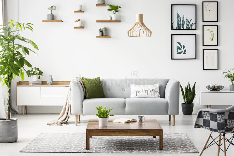 Blommor på trätabellen framme av den gråa soffan i scandilägenhetinre med affischer och fåtöljen Verkligt foto arkivbilder Blommor på trätabellen framme av den gråa soffan i scandilägenhetinre med affischer och fåtöljen Verkligt foto arkivbilder