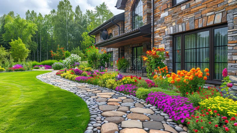 Blomsterbäddar för landskapslandskap i bostadshus stock illustrationer
