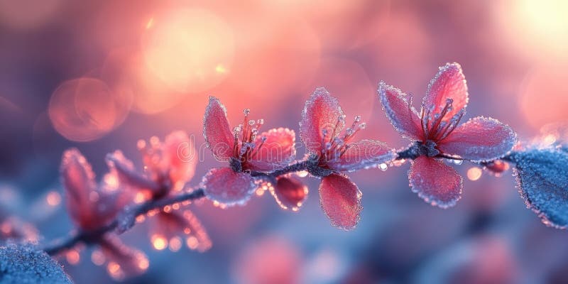 Blomtäckta blommor. starkt vinterkallt solljus. suddig bakgrund. royaltyfri illustrationer