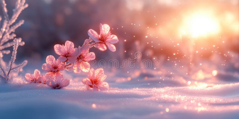 Blomtäckta blommor. starkt vinterkallt solljus. suddig bakgrund. royaltyfri illustrationer