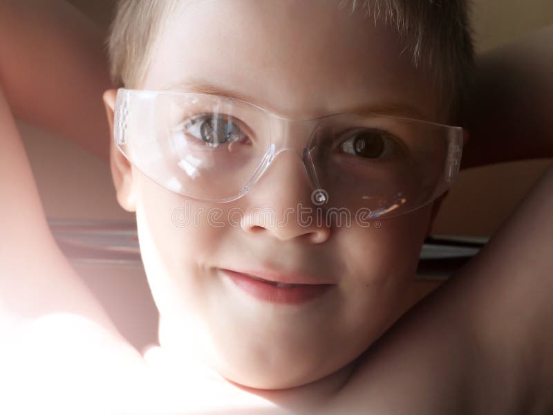 Blond Boy in Safety Glasses, Portrait of a Child Stock Image Image of