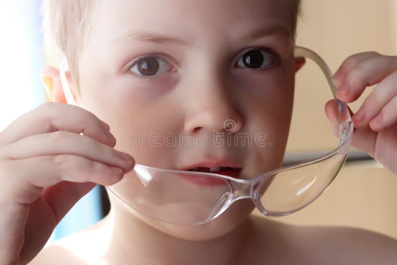 Blond Boy in Safety Glasses, Portrait of a Child Stock Image Image of