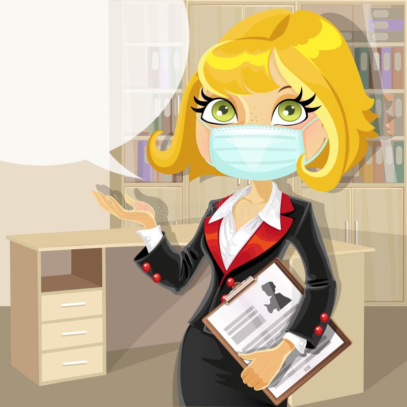 Blond business woman in face mask with speech bubble in office