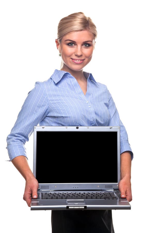Blond busineswoman holding a laptop with copy spac stock photos
