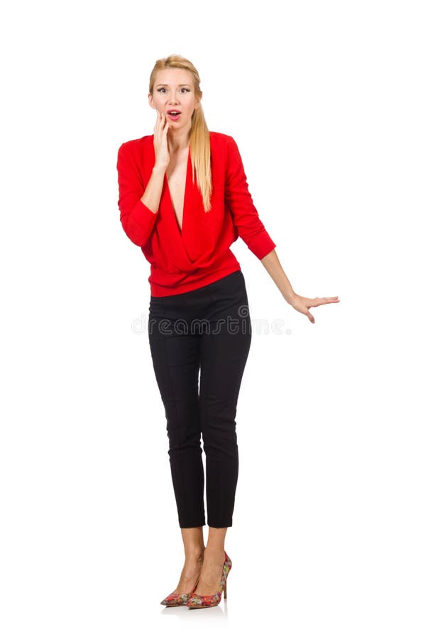 The blond caucasian woman in red blouse isolated on white