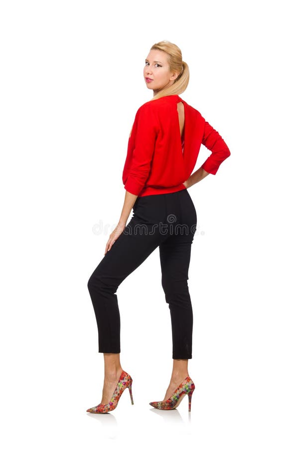 The blond caucasian woman in red blouse isolated on white