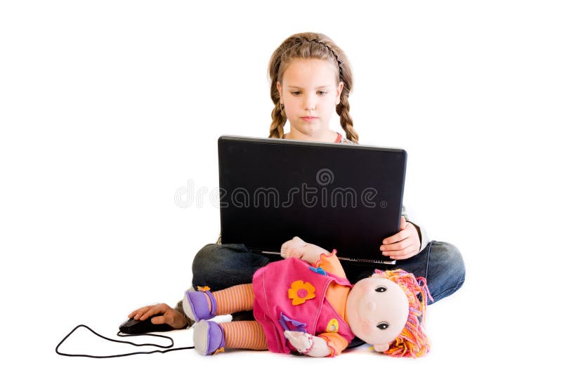 Blond child with doll and notebook